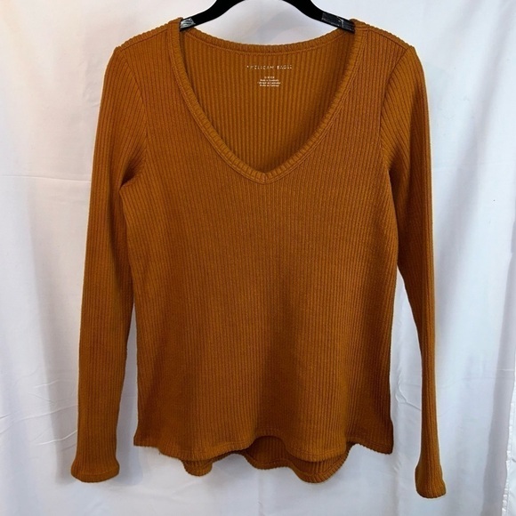 American Eagle Shirt Long Sleeve Ribbed Plush V-Neck Pullover Sweater Top - Picture 3 of 8